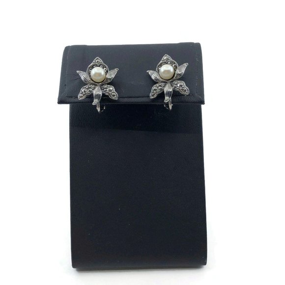 Vintage Orchid Earrings Clip On Faux Pearl Marcasi - Picture 5 of 11